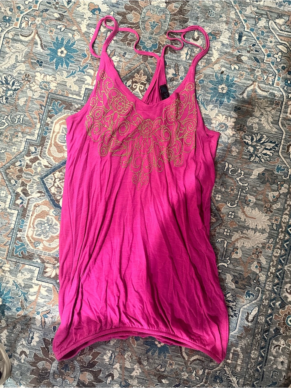 Womens Fuchsia Embroidered V-Neck Tank Top